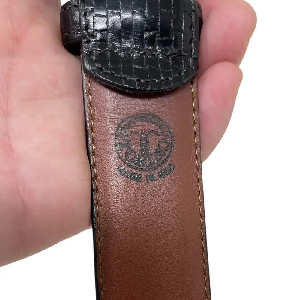 Torino Embossed Italian Kipskin Leather Belt Solid Brass Black Sz 54 USA Made